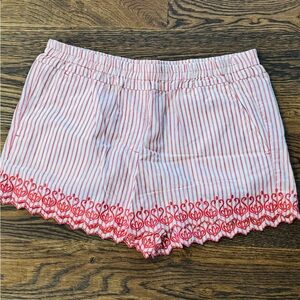 Coral and White Striped Shorts with Embroidered Hem